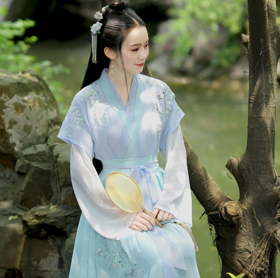 淺交領(lǐng)半臂雙鶴刺繡，改良漢服襦裙