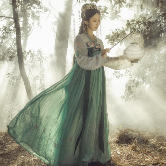 齊胸襦裙?jié)h服，仙女蓮花荷葉刺繡裙