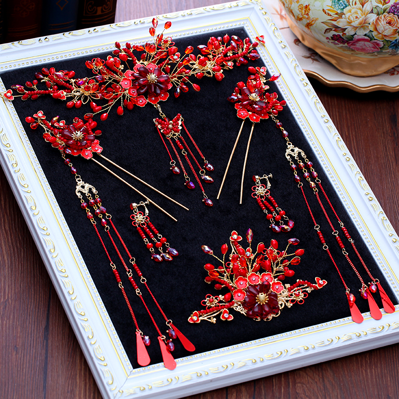 紅色福連文苑頭飾，精致唯美新娘頭飾圖片