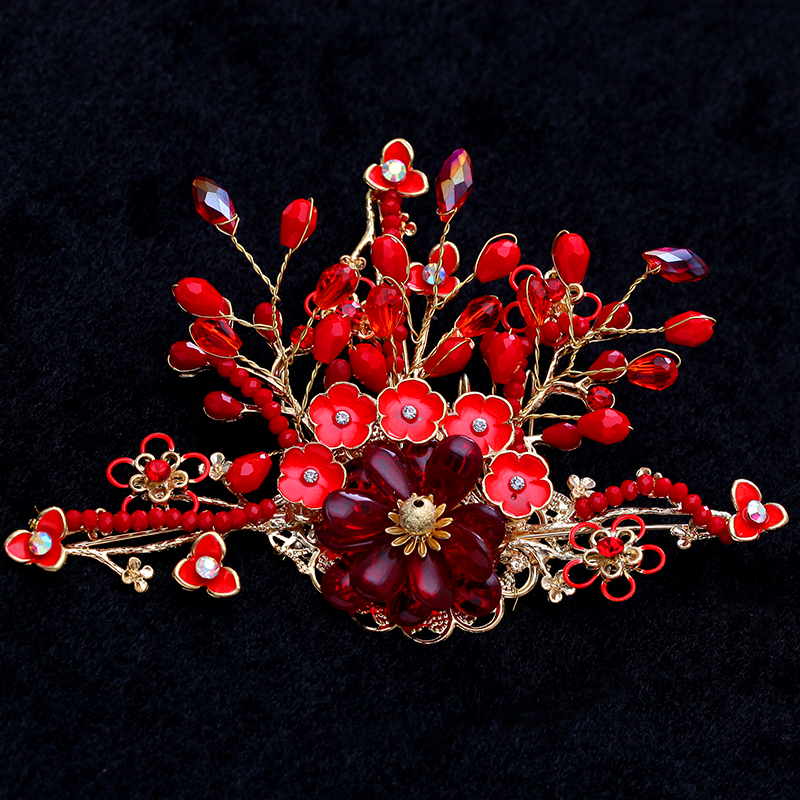 紅色福連文苑頭飾，精致唯美新娘頭飾圖片