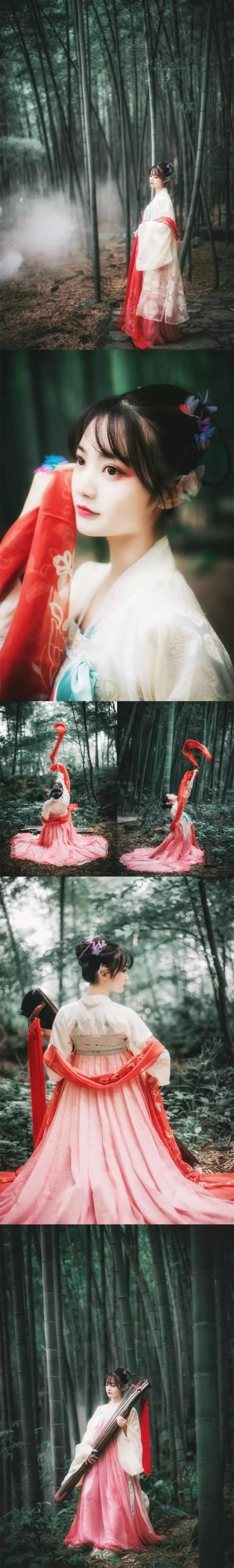 古裝攝影，山際見來煙，竹中窺落日