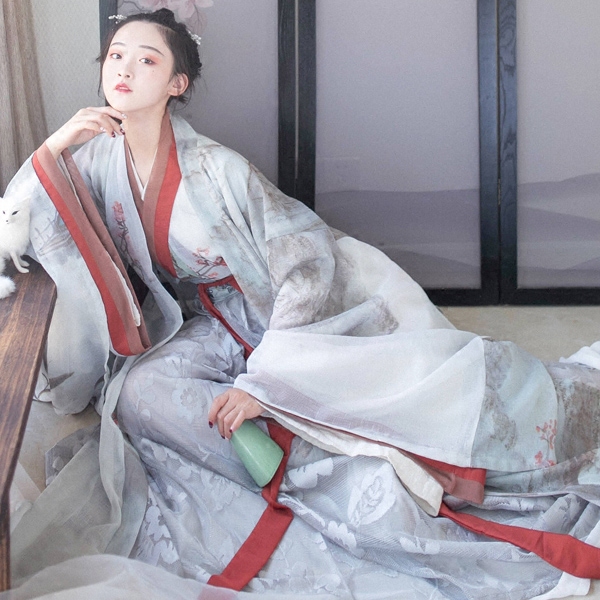 魏晉風(fēng)交領(lǐng)齊腰襦裙?jié)h服，古風(fēng)印花雪紡漢服