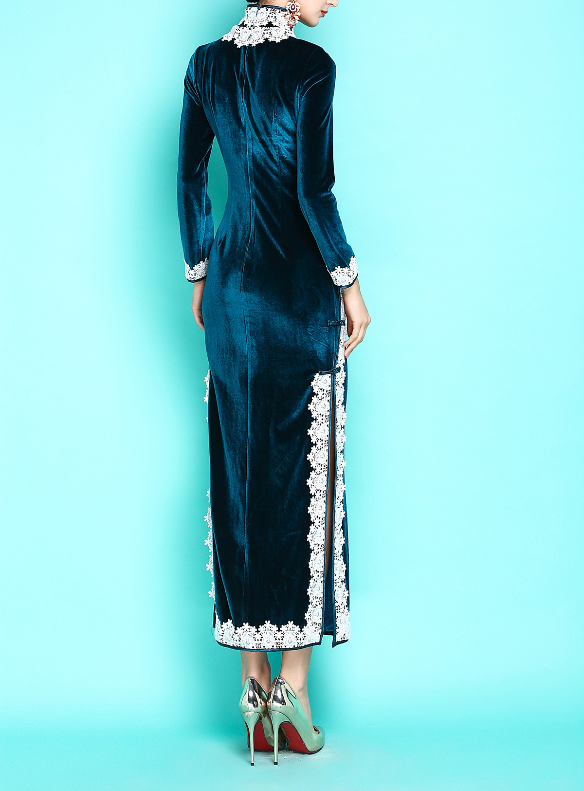 天鵝絨蕾絲花邊旗袍，民國復古旗袍裙