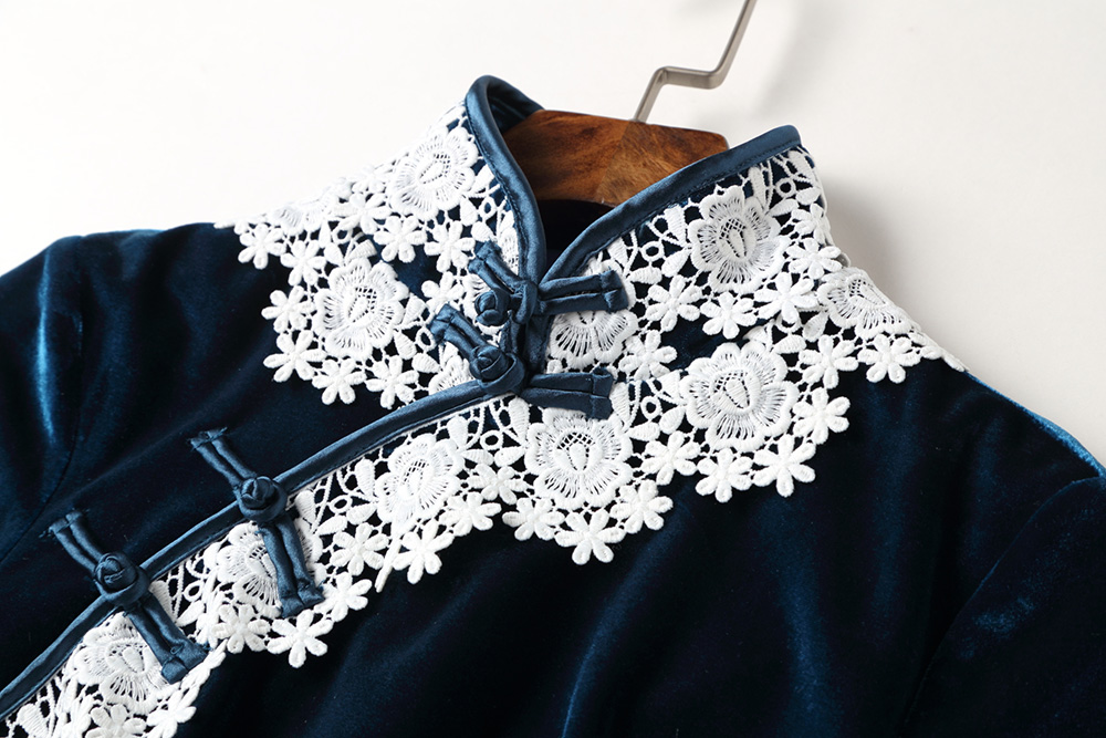 天鵝絨蕾絲花邊旗袍，民國復古旗袍裙