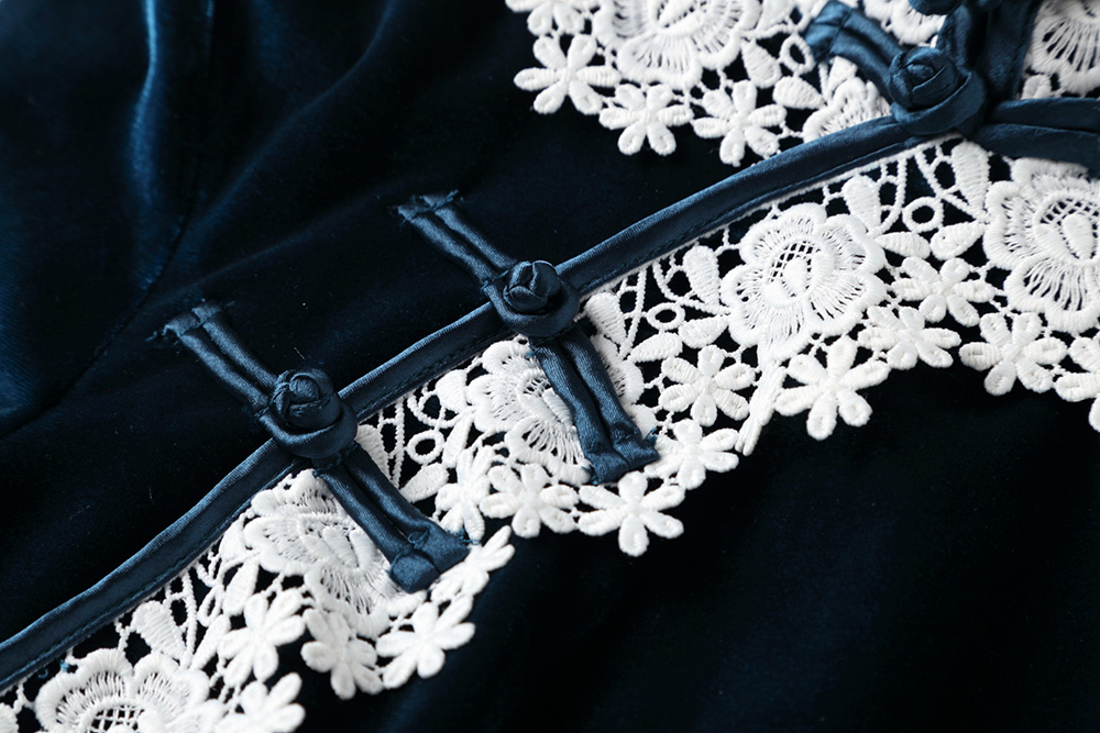 天鵝絨蕾絲花邊旗袍，民國復古旗袍裙