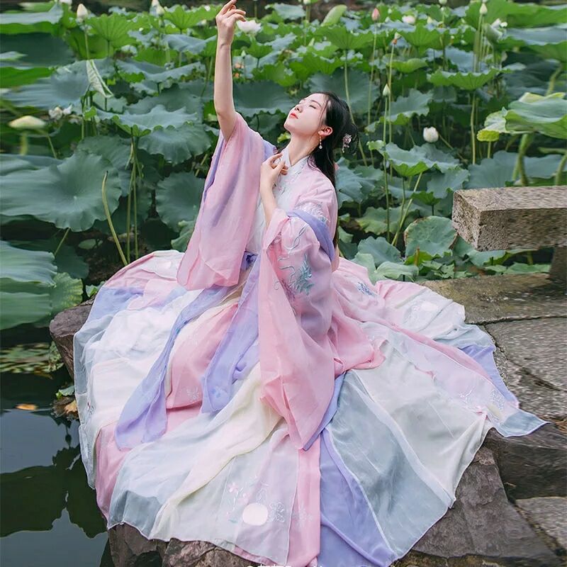 粉紅齊腰襦裙?jié)h服，魏晉風(fēng)大袖衫彩虹裙圖片