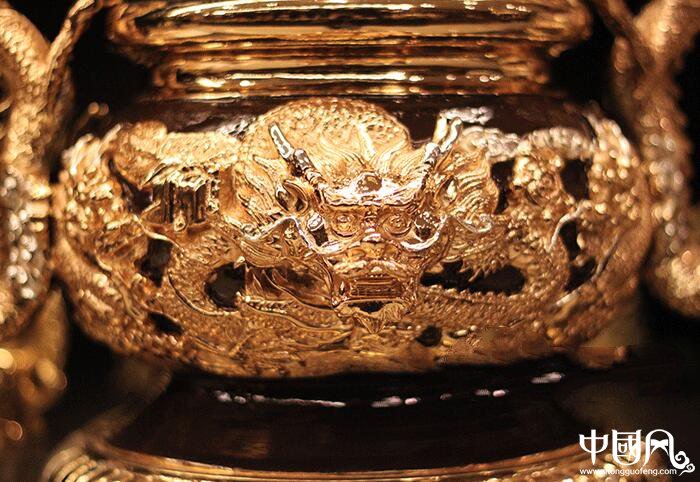 純銅鎏金雙龍香爐，雙耳龍香爐盤香爐