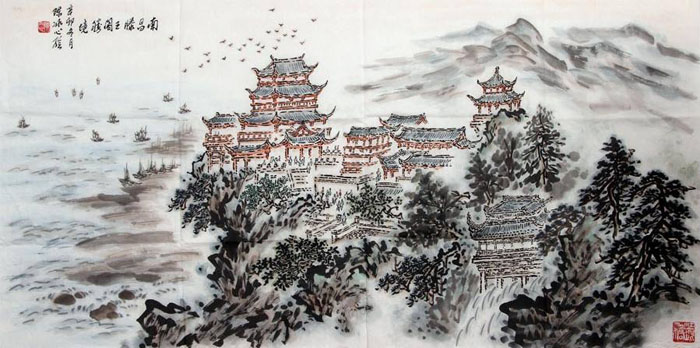 滕王閣亭臺樓閣水墨畫