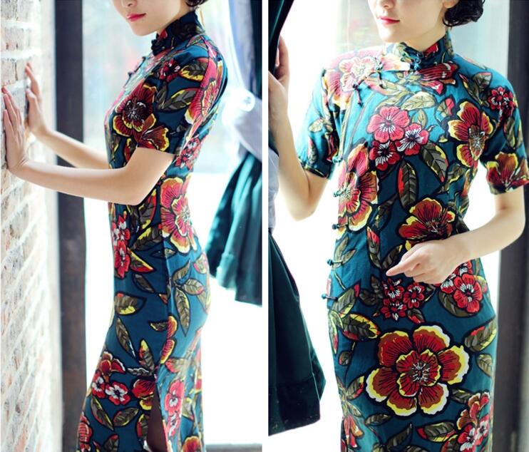 福連文苑圖蘭朵四分連袖全盤扣旗袍