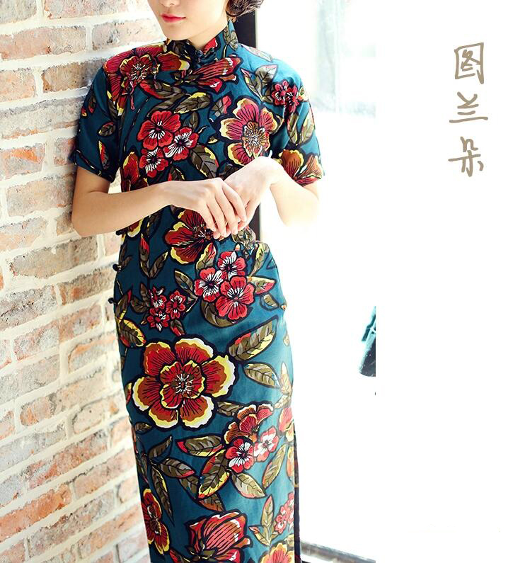 福連文苑圖蘭朵四分連袖全盤扣旗袍