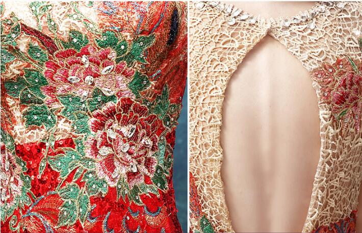 夏季魚尾性感一字肩復(fù)古刺繡中式禮服