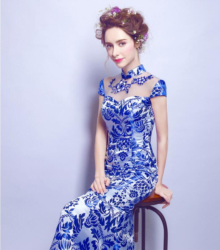 福連文苑青花瓷魚(yú)尾旗袍中式禮服