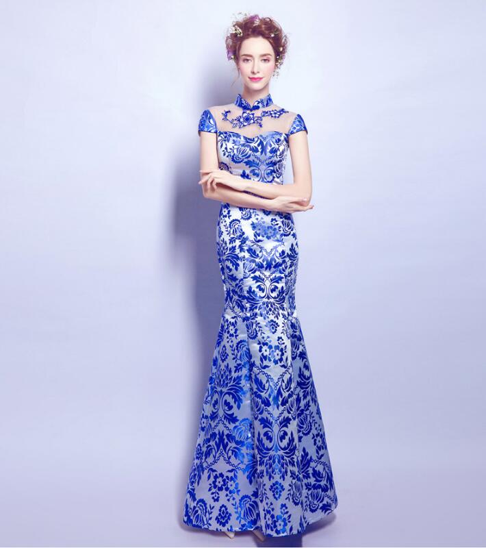 福連文苑青花瓷魚(yú)尾旗袍中式禮服
