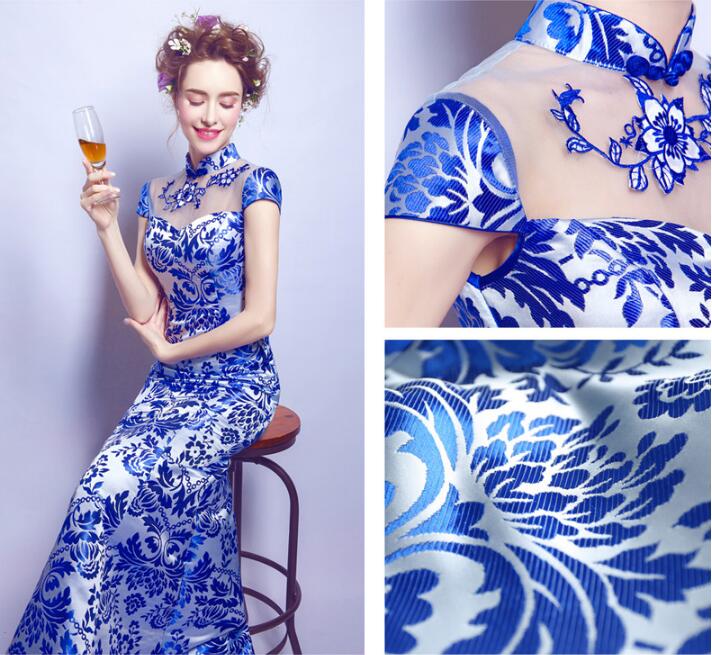 福連文苑青花瓷魚(yú)尾旗袍中式禮服