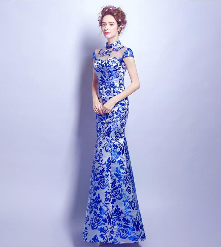 福連文苑青花瓷魚(yú)尾旗袍中式禮服