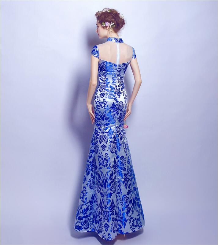 福連文苑青花瓷魚(yú)尾旗袍中式禮服