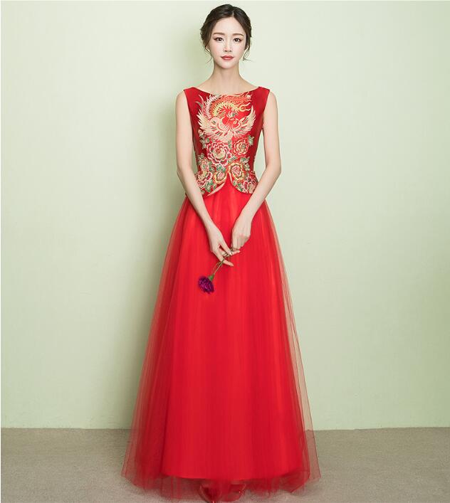 夏天圓領印花復古中式禮服