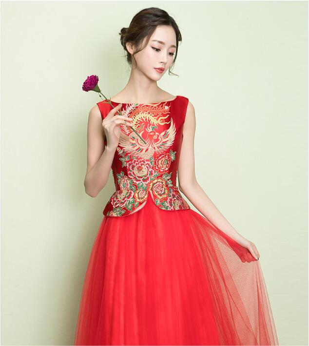 夏天圓領印花復古中式禮服