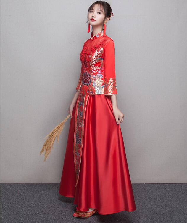 中式立領(lǐng)盤扣中國紅錦緞中式禮服