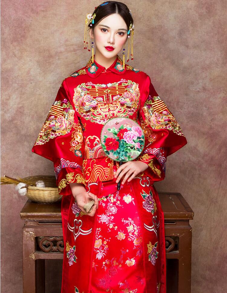 復(fù)古中國紅刺繡龍鳳褂新娘中式禮服圖片