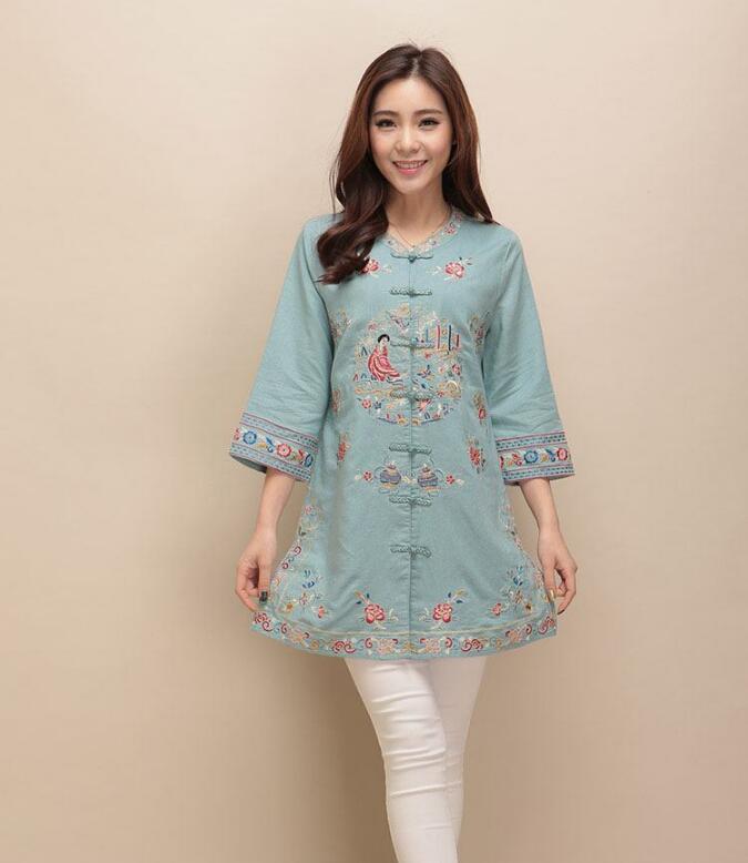 福連文苑棉麻刺繡女士唐裝