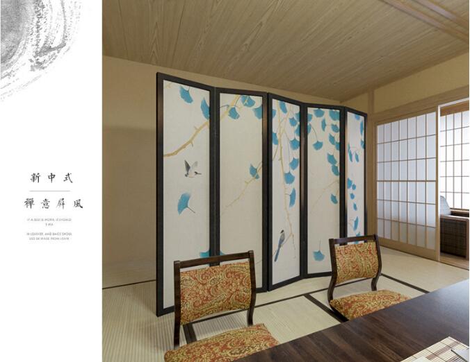 新中式屏風(fēng)實木折屏銀杏花鳥屏風(fēng)