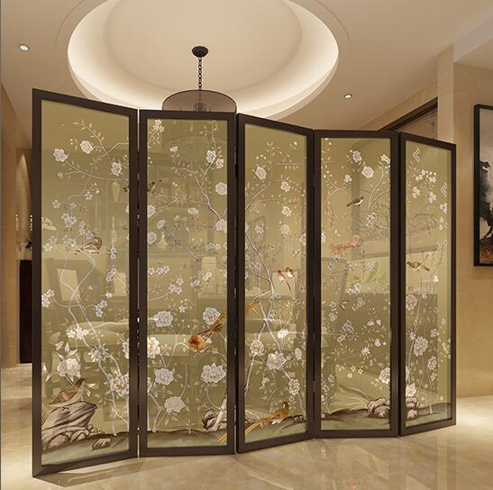 中式折疊屏風實木半透花鳥屏風圖片