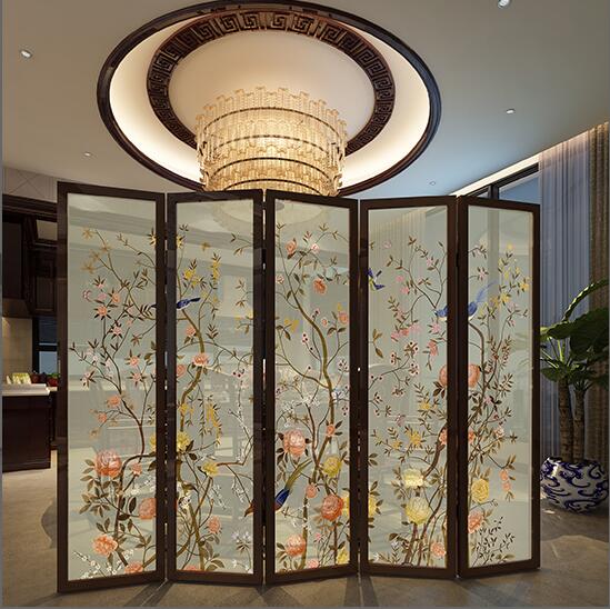 中式折疊屏風實木半透花鳥屏風圖片