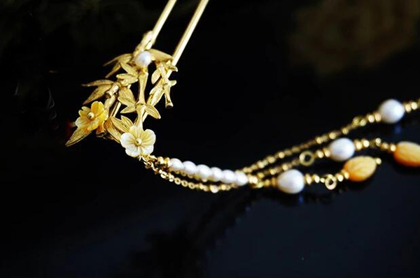 中國古風(fēng)漢服配飾珍珠黃銅流蘇發(fā)簪子釵步搖