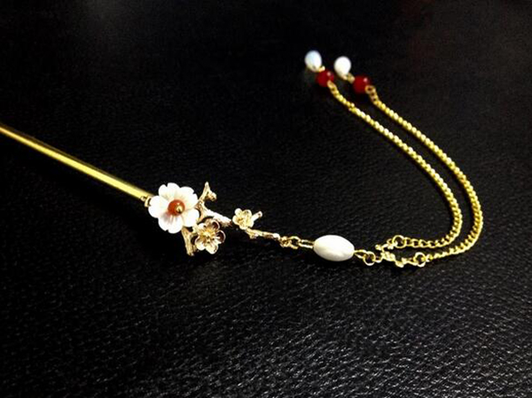 銅鍍金樹枝貝殼花古典福連文苑流蘇簡約簪