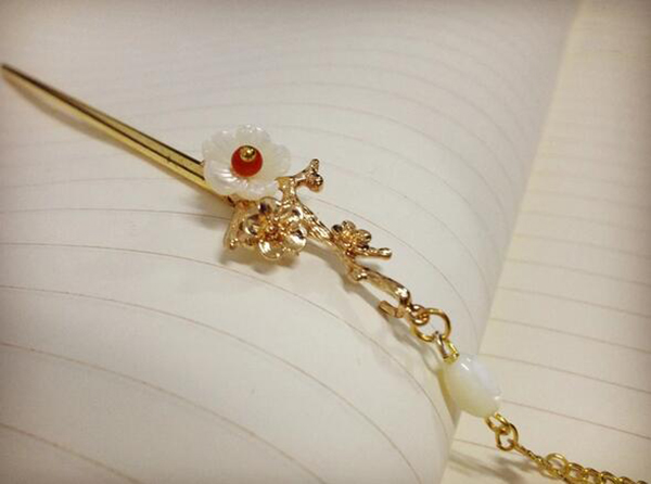 銅鍍金樹枝貝殼花古典福連文苑流蘇簡約簪