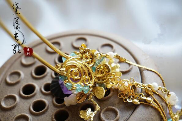 紫水晶白蝶貝長(zhǎng)流蘇發(fā)簪簪子 中國(guó)古風(fēng)頭飾