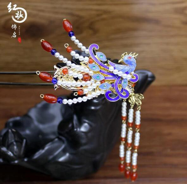 漢服發(fā)飾 燒藍鳳簪發(fā)簪流蘇古風步搖