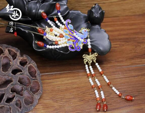 漢服發(fā)飾 燒藍鳳簪發(fā)簪流蘇古風步搖