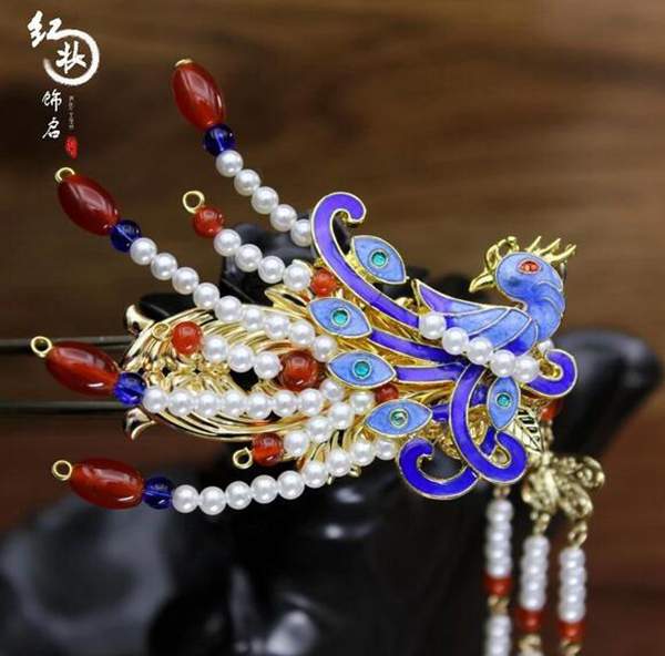 漢服發(fā)飾 燒藍鳳簪發(fā)簪流蘇古風步搖