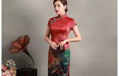 花團(tuán)錦簇短袖旗袍，蠶絲印花旗袍裙