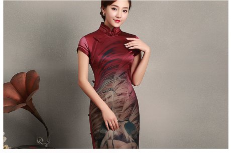 復(fù)古鶴短袖旗袍，蠶絲印花旗袍裙