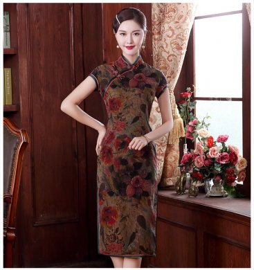 復(fù)古手工盤扣短袖旗袍，蠶絲印花旗袍裙