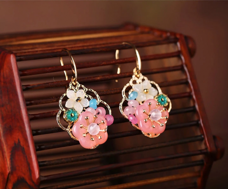 福連文苑甜美少女粉色花朵氣質(zhì)耳環(huán)