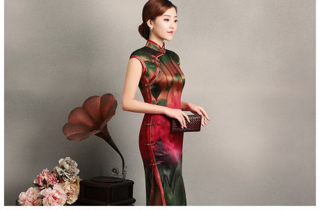 嬌艷短袖旗袍，蠶絲香林旗袍裙