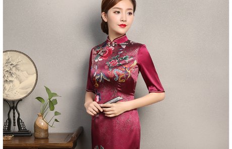 彩鳳印花紅色旗袍，端莊大氣鳳凰牡丹旗袍裙