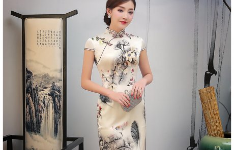 淡黃色印花旗袍，復(fù)古短款旗袍裙