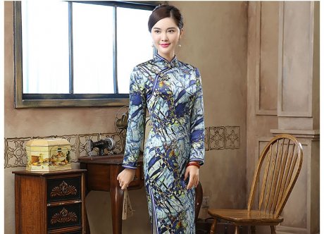 復古晶藍印花旗袍，加厚長款旗袍裙