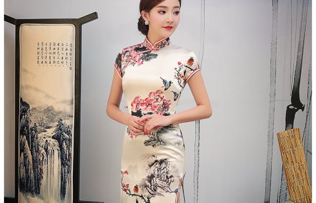 淡黃色水墨印花旗袍，復(fù)古真絲旗袍裙