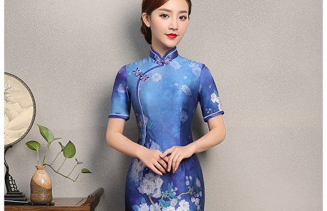 藍(lán)嬌印花旗袍，復(fù)古真絲旗袍裙