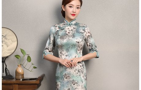 淡青色印花旗袍，芳顏中袖真絲旗袍裙