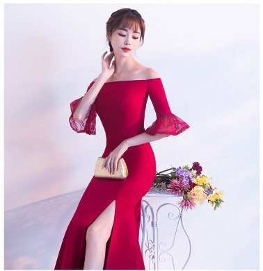 一字肩開叉中式禮服，甜美蕾絲袖口晚禮服