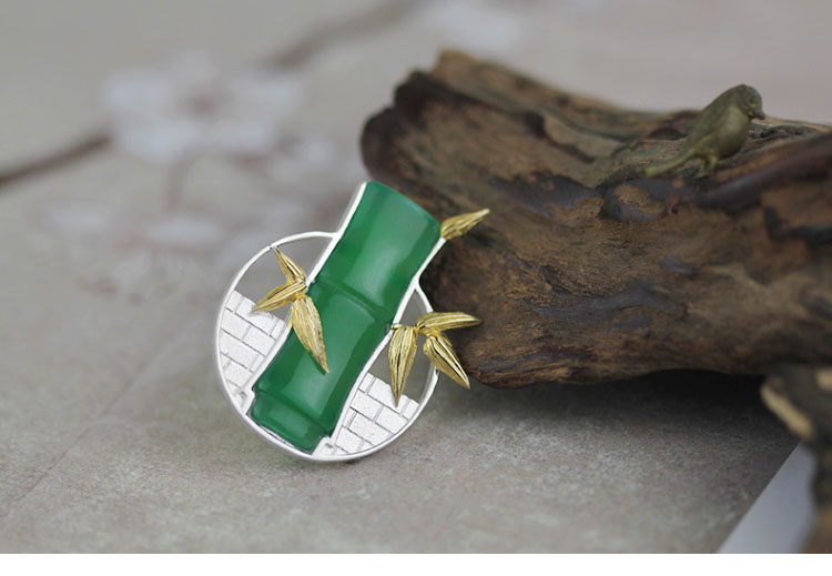 福連文苑古典鑲玉髓竹子純銀胸針