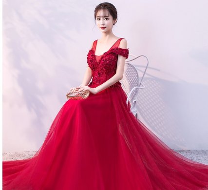 優(yōu)雅雙肩中式禮服,福連文苑立體繡花晚禮服