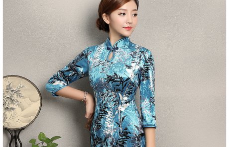 藍(lán)色印花郁蘭旗袍，優(yōu)雅復(fù)古旗袍裙